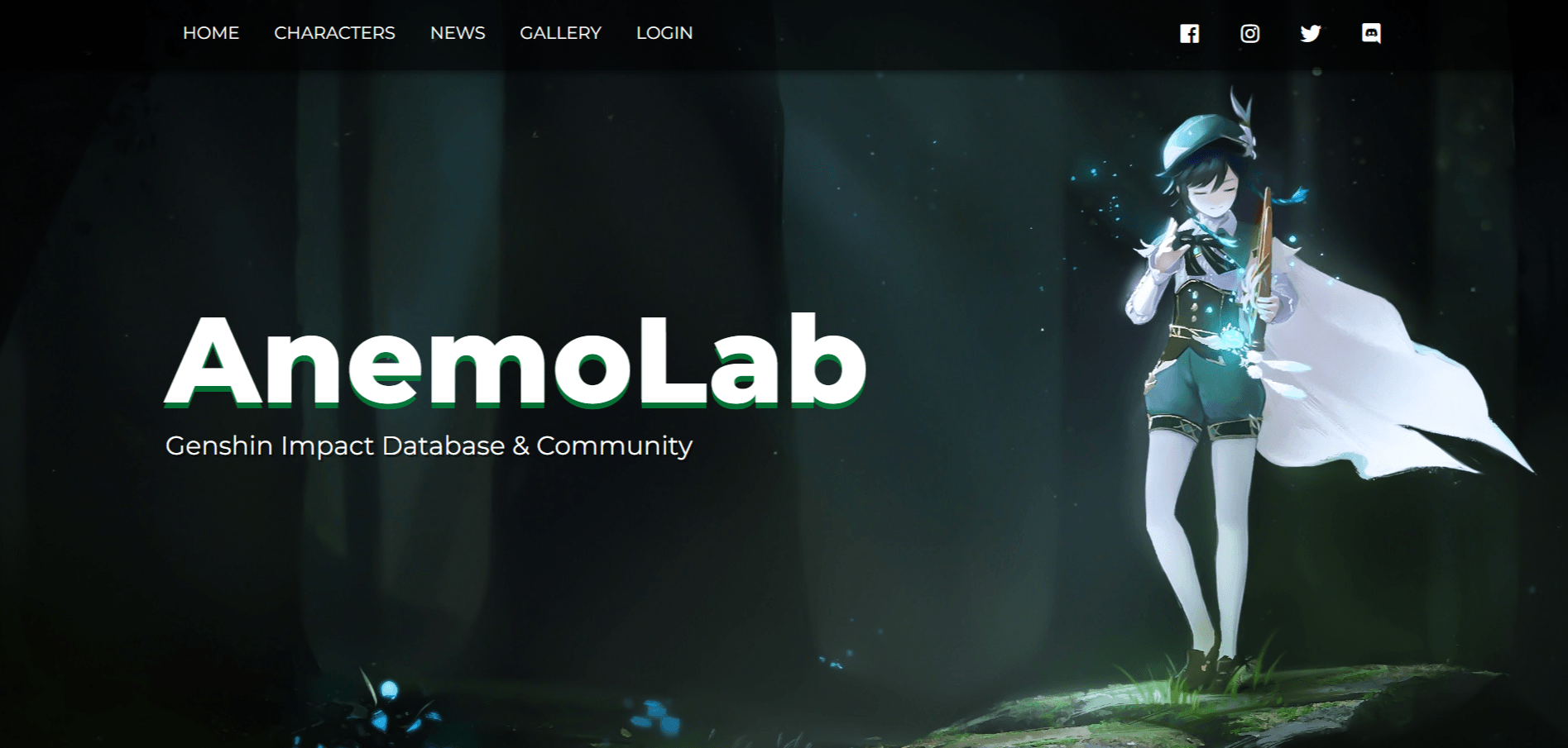 AnemoLab landing page with a Genshin Impact character standing in a dark forest.