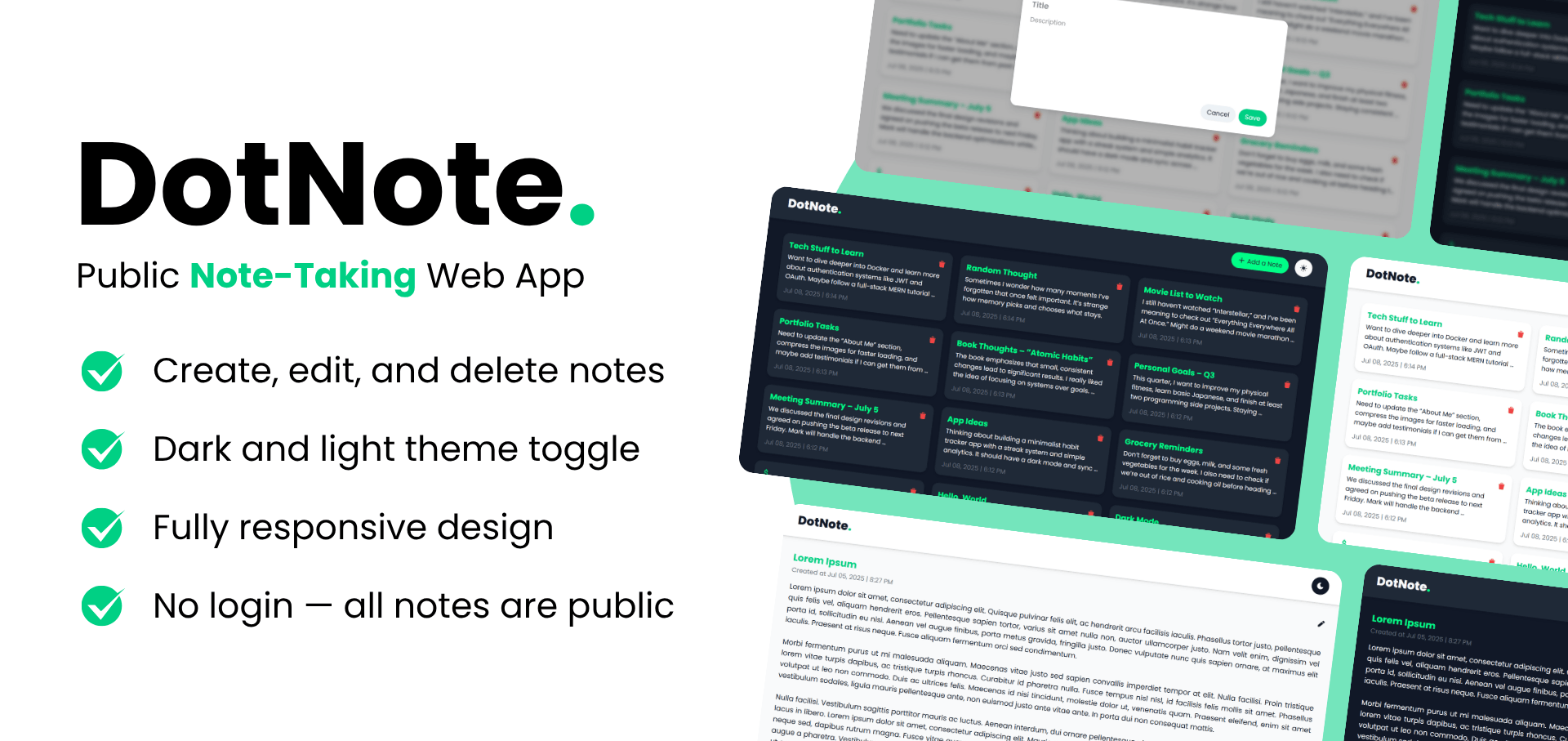 DotNote note-taking app in dark and light themes, showing a grid of public notes.