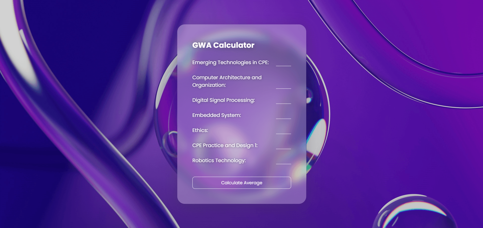 GWA Calculator form on a frosted glass card over a purple background, listing subjects and a Calculate Average button.