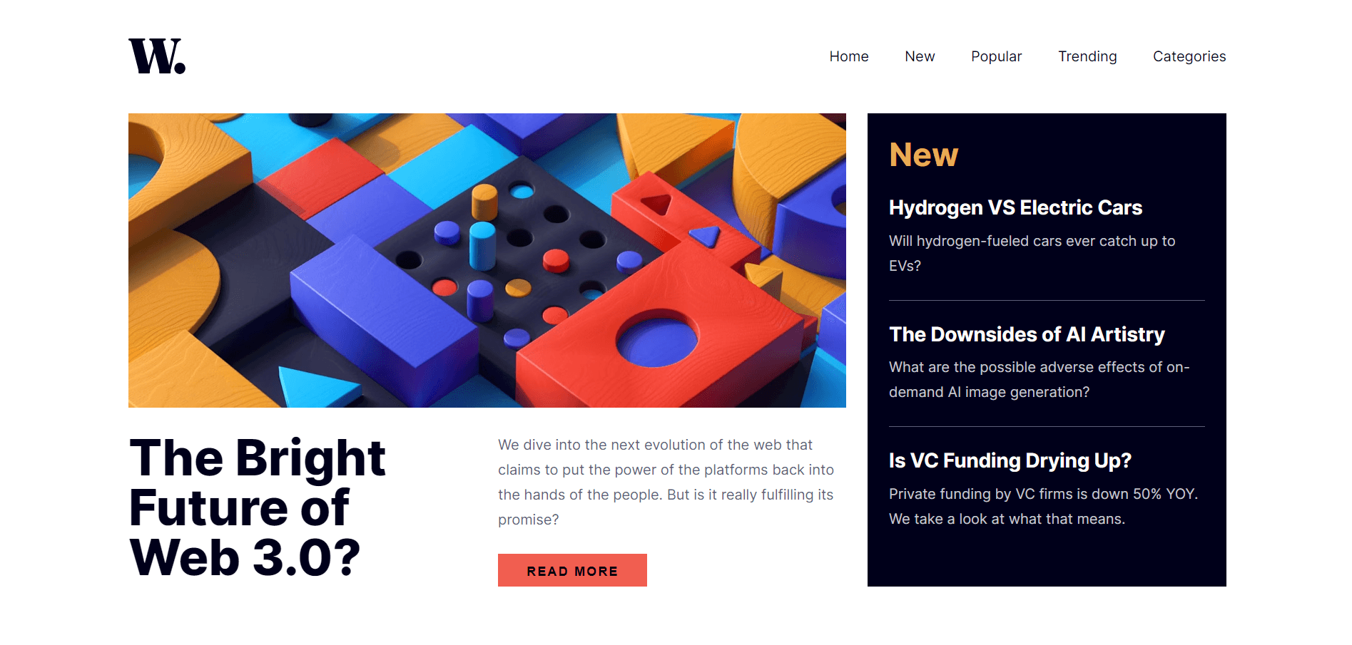 W. news homepage with a colourful 3D blocks illustration, the headline The Bright Future of Web 3.0, and a New sidebar of article teasers.