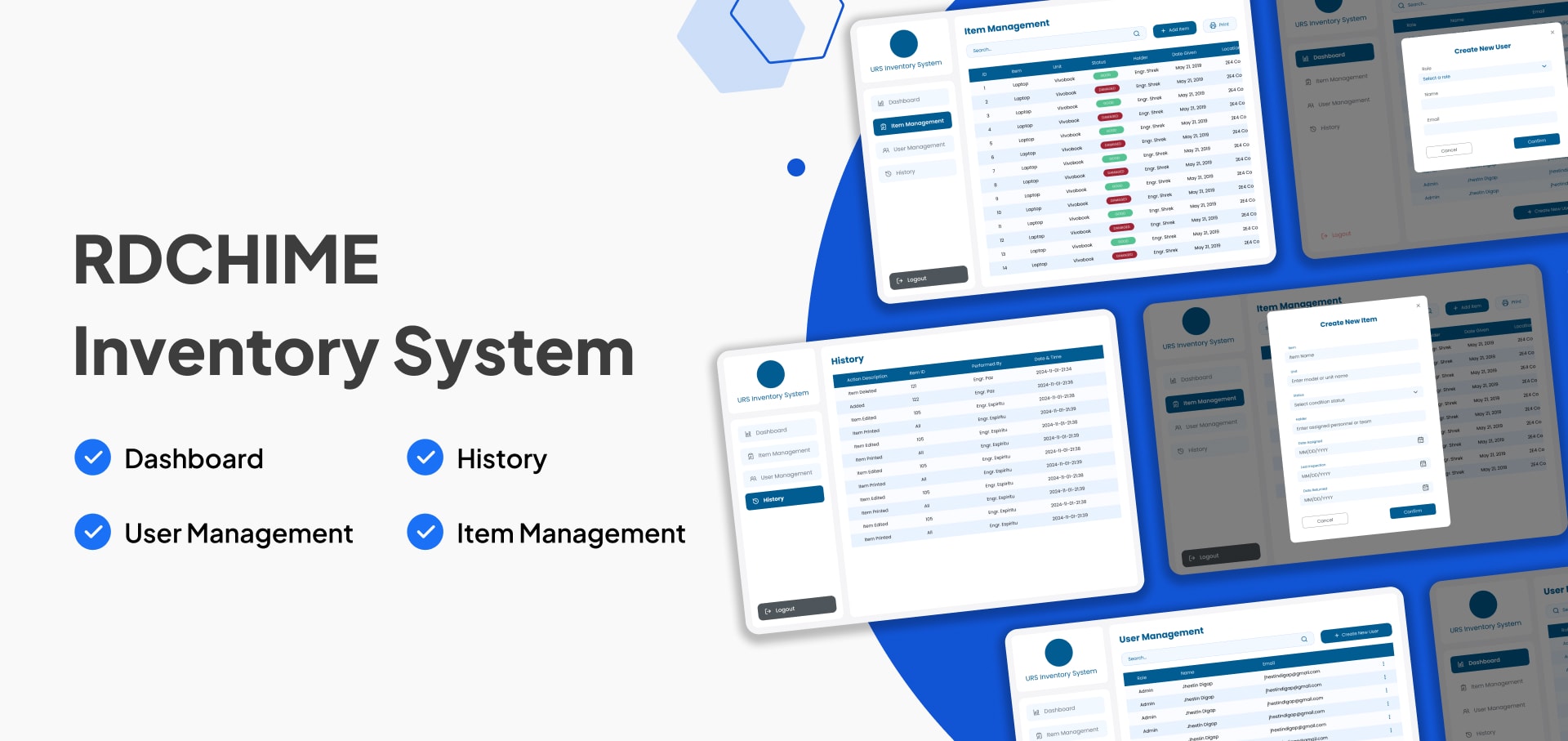 RDCHIME Inventory System screens: item management table, history log, create-item and user management dialogs.
