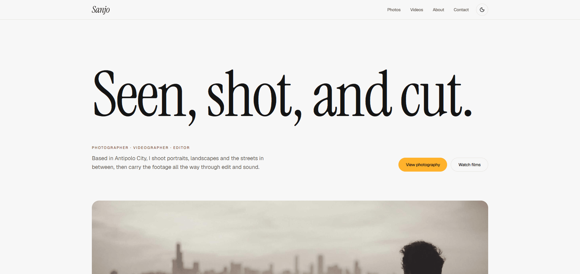 Sanjo portfolio home page with the headline Seen, shot, and cut., a short intro, and View photography and Watch films buttons.