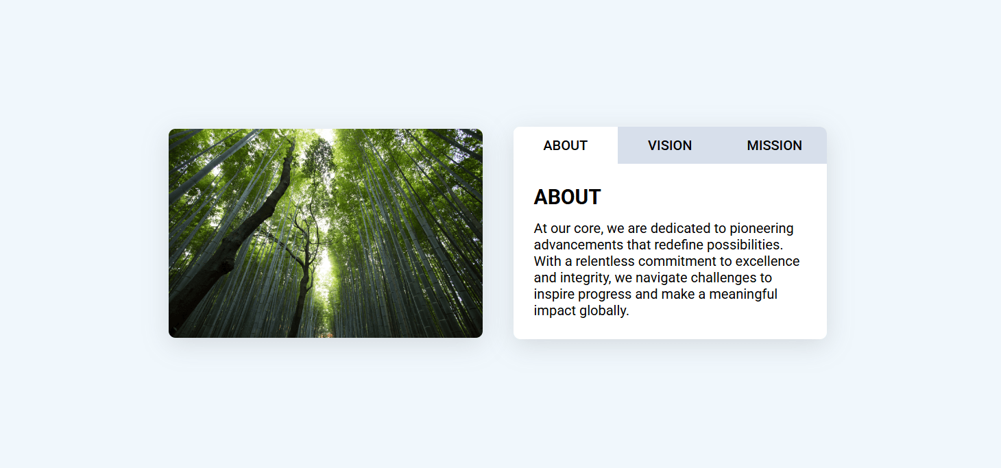 Tab component with About, Vision and Mission tabs beside a photo of a bamboo forest.