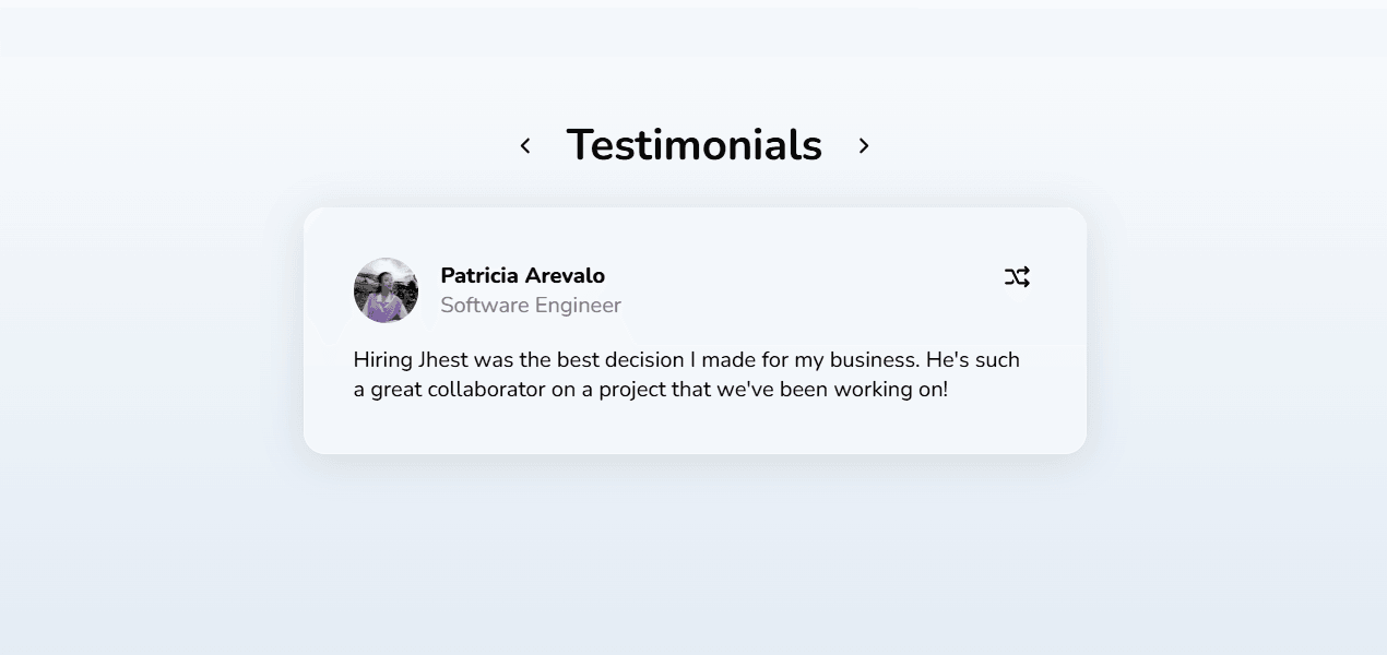 Testimonial page showing a quote, the reviewer's photo, and next and previous buttons.