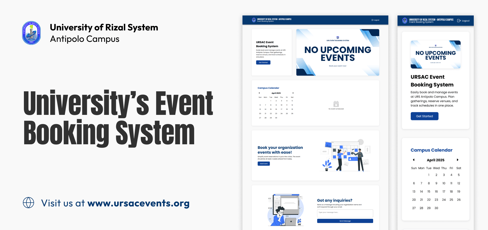 URS Event Booking System pages showing the campus calendar and event booking form.