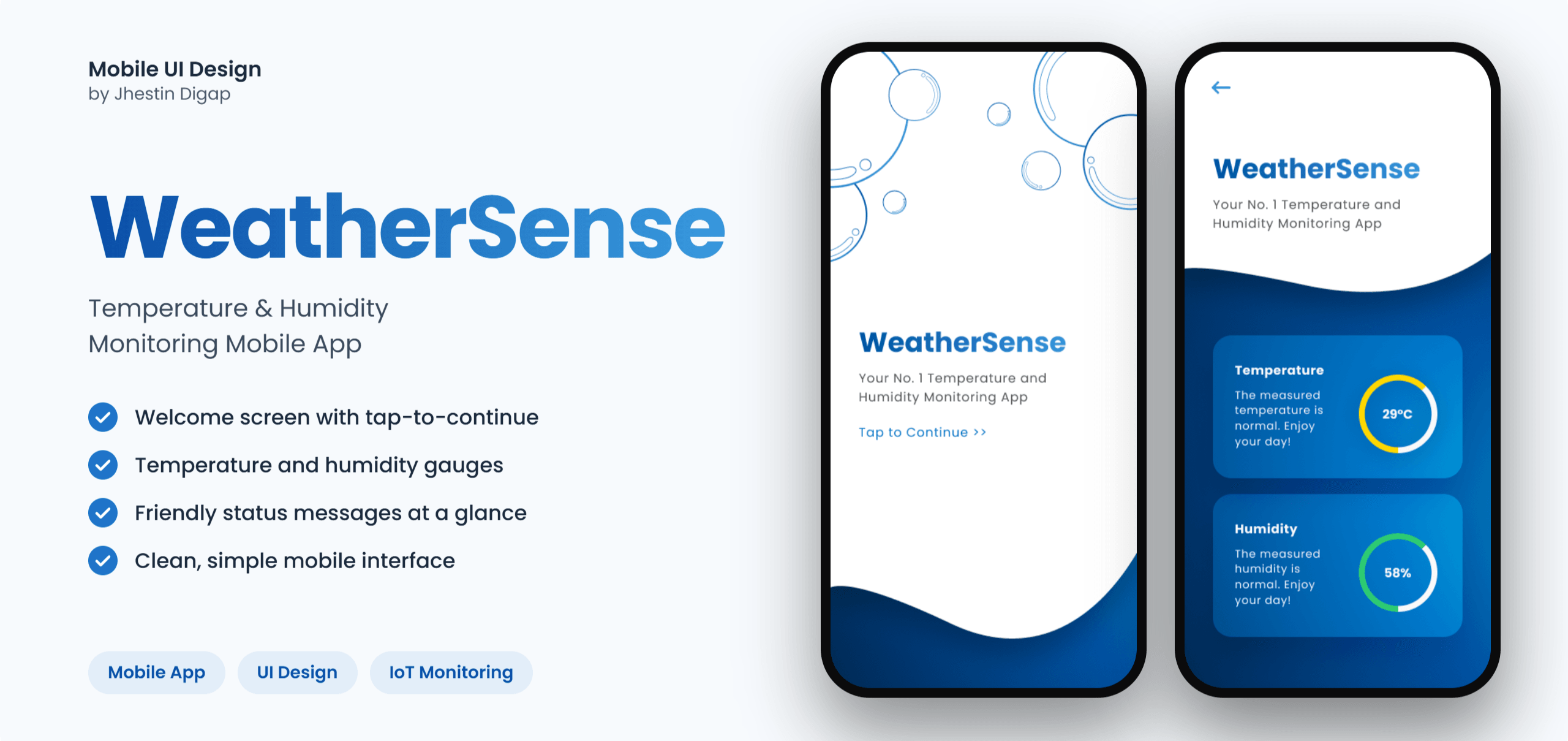 WeatherSense promo: two phones showing the welcome screen with Tap to Continue and a dashboard with a 29 degree temperature gauge and a 58 percent humidity gauge.
